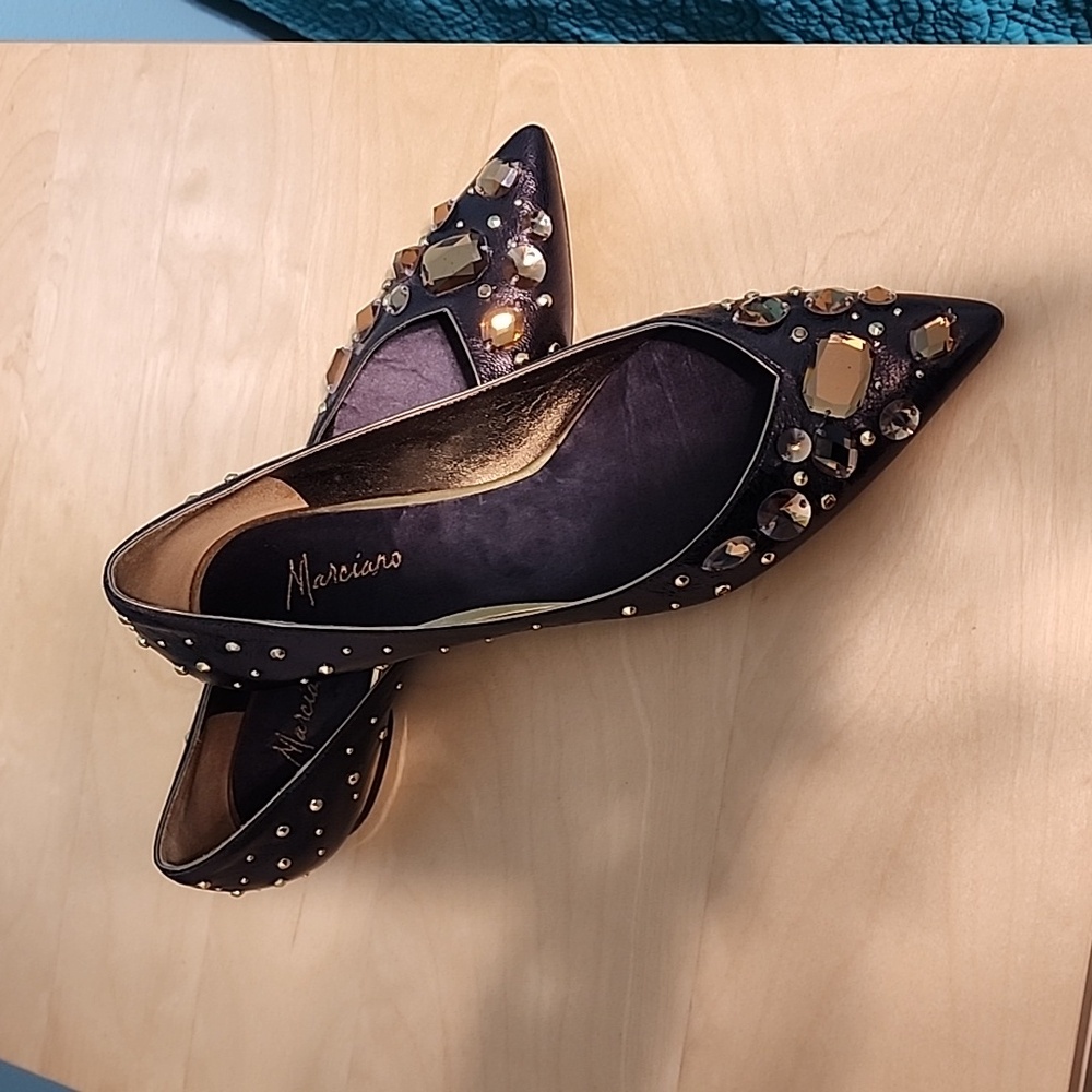 MARCIANO brown leather crystal decorated flat shoes